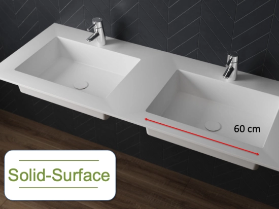 Plan double vasque bassin Design 60 cm, sur mesure, L. 150 à 200 cm x P. 40 à 60 cm, résine minérale ACRYSTONE® SOLID-SURFACE Finition lisse, Livraison Offerte et Rapide.